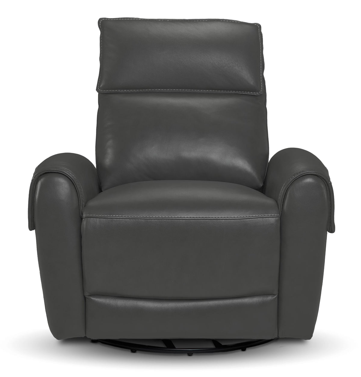 Theo Leather Dual Power Rocker Recliner - Granite front view with cushioned headrest, padded arms and smooth leather upholstery