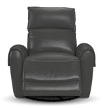 Theo Leather Dual Power Rocker Recliner - Granite front view with reclining footrest extended and cushioned backrest