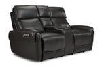 Theo Leather Dual Power Reclining Loveseat with Console - Charcoal shown at an angle with padded seating, headrests and centre console