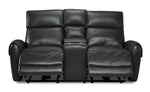 Theo Leather Dual Power Reclining Loveseat with Console - Charcoal front view with both reclining footrests extended and centre console