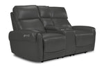 Theo Leather Dual Power Reclining Loveseat from the 3-piece set - Granite with centre console, cupholders and padded seating