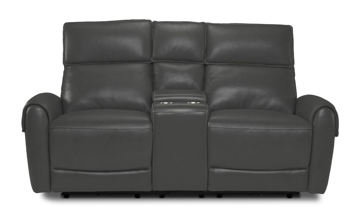 Theo Leather Dual Power Reclining Loveseat with Console - Granite front view with two cushioned seats and centre console with cupholders
