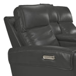 Theo Leather Dual Power Reclining Loveseat with Console - Granite close-up of arm-mounted power controls and USB charging port