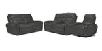 Theo Leather Dual Power Reclining Sofa, Loveseat and Rocker Recliner Set - Granite with padded headrests, curved arms and centre console