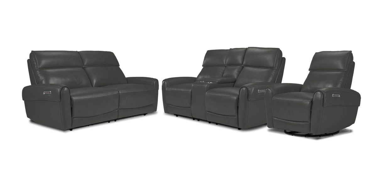 Theo Leather Dual Power Reclining Sofa, Loveseat and Rocker Recliner Set - Granite with padded headrests, curved arms and centre console