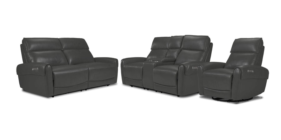 Theo Leather Dual Power Reclining Sofa, Loveseat and Rocker Recliner Set - Granite with padded headrests, curved arms and centre console