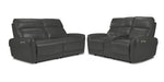 Theo Leather Dual Power Reclining Sofa and Loveseat Set - Granite with padded headrests, curved arms and centre console on the loveseat