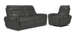 Theo Leather Dual Power Reclining Loveseat with Console - Charcoal shown at an angle with padded headrests, centre console and cupholders