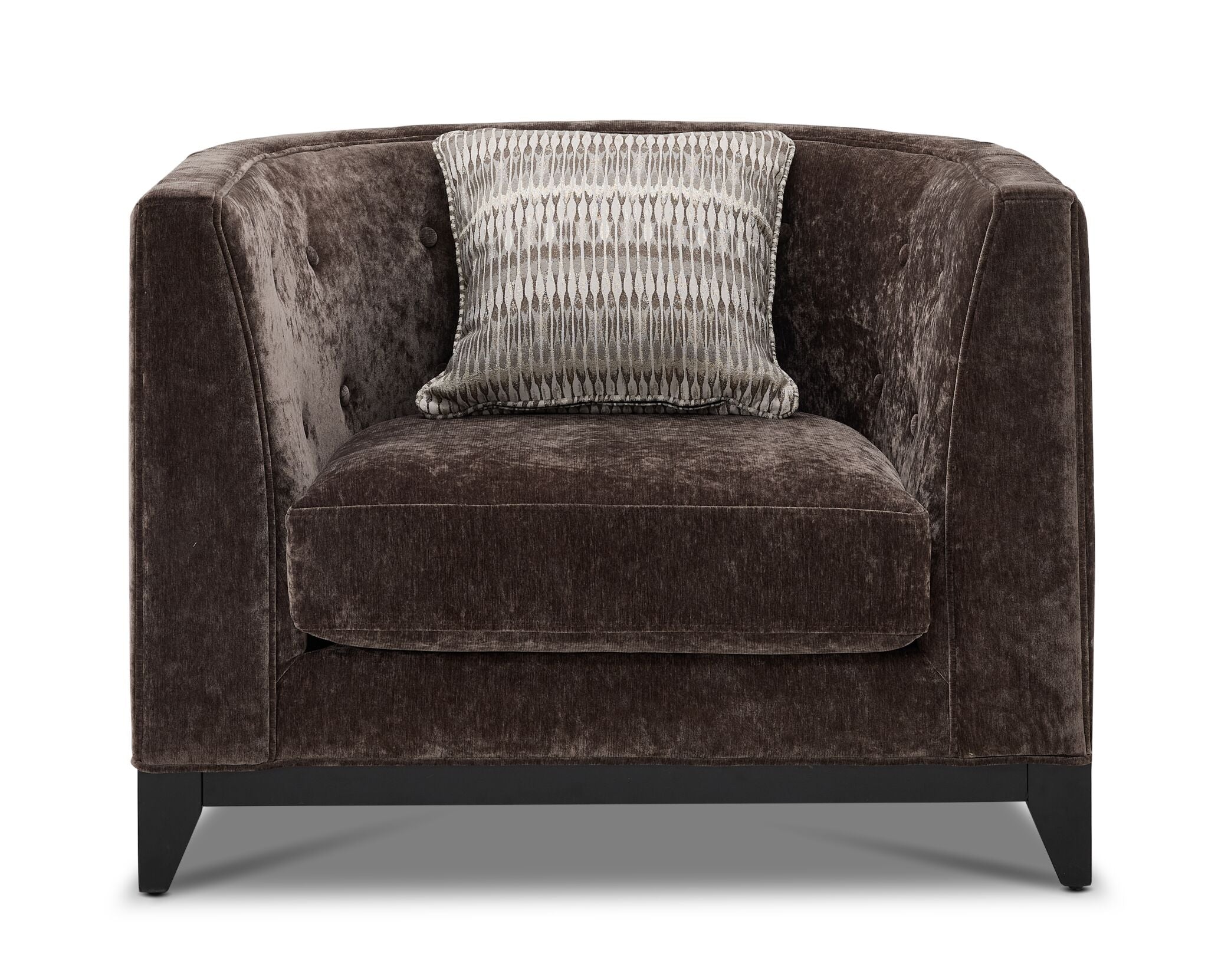 Tresor dark brown chair with velvet-finish fabric, button-tufted back and front view
