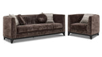 Tresor dark brown sofa and chair set with curved backs, button-tufted detail and accent pillows