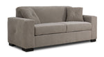 Valetta Sofa - Wheat angled view with wide track arms, two seat cushions, dark block feet and two accent pillows