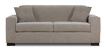 Valetta Sofa - Wheat front view with two seat cushions, wide track arms and matching cross-stitched accent pillows