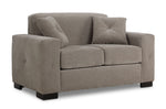 Valetta Loveseat - Wheat angled view with wide track arms, two seat cushions, dark block feet and two accent pillows