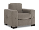 Valetta Chair - Wheat angled view with wide track arms, single seat cushion, dark block feet and cross-stitched arm detail