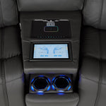 Velocity wedge console close-up showing touchscreen controls, wireless charging pad and illuminated dual cupholders