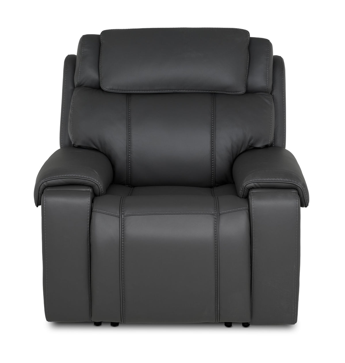 Velocity Power Reclining Home Theatre Recliner - Dark Grey front view with plush back, headrest and padded arms