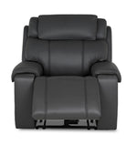 Velocity dark grey home theatre recliner front view with power footrest extended and plush padded seating