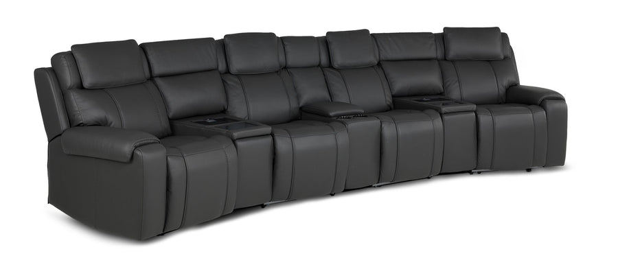 Velocity 7-Piece Leather Power Reclining Home Theatre Seating - Dark Grey with three consoles and padded headrests
