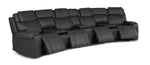 Velocity dark grey home theatre seating angled view with multiple power footrests extended and padded headrests