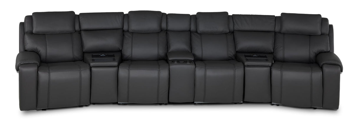 Velocity dark grey 7-piece home theatre seating front view with four recliner seats and three centre consoles
