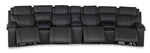 Velocity dark grey home theatre seating front view with power footrests extended and three integrated consoles