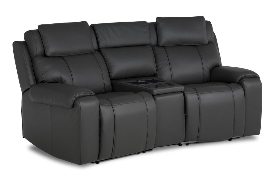 Velocity 3-Piece Leather Power Reclining Home Theatre Seating - Dark Grey with two seats, wedge console and padded headrests