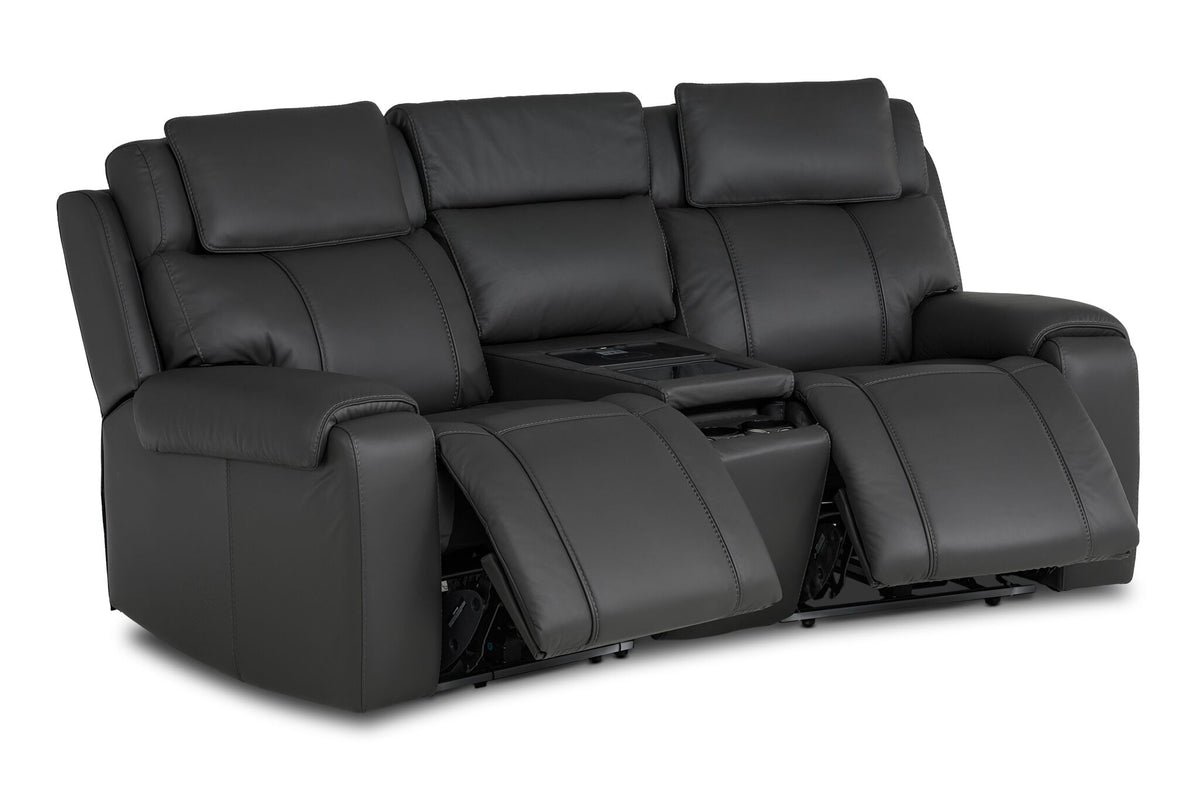 Velocity dark grey leather home theatre seating angled view with both power footrests extended and centre console