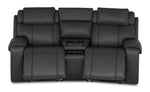 Velocity dark grey home theatre seating front view with both power footrests extended and dual cupholders