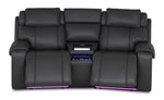 Velocity dark grey home theatre seating front view with footrests extended, illuminated console and base lighting