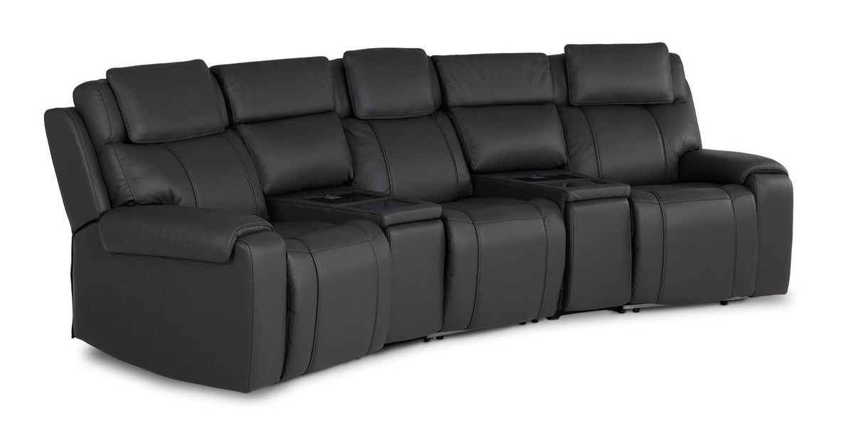 Velocity 5-Piece Leather Power Reclining Home Theatre Seating - Dark Grey with three seats and two wedge consoles