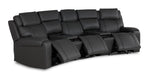 Velocity dark grey leather home theatre seating angled view with three power footrests extended and two consoles