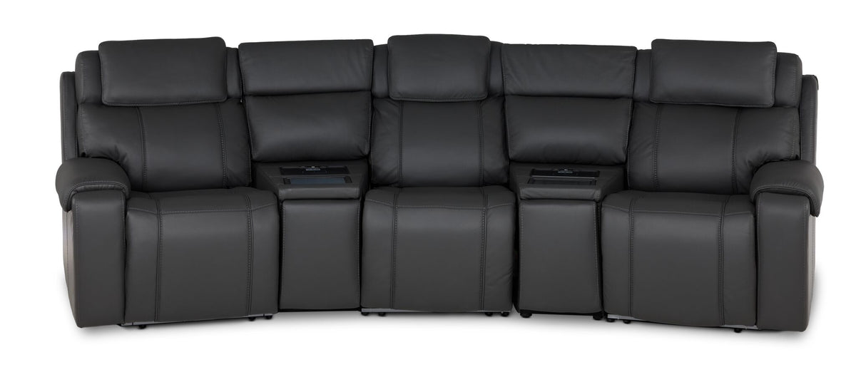 Velocity dark grey 5-piece home theatre seating front view with three recliner seats and two wedge consoles