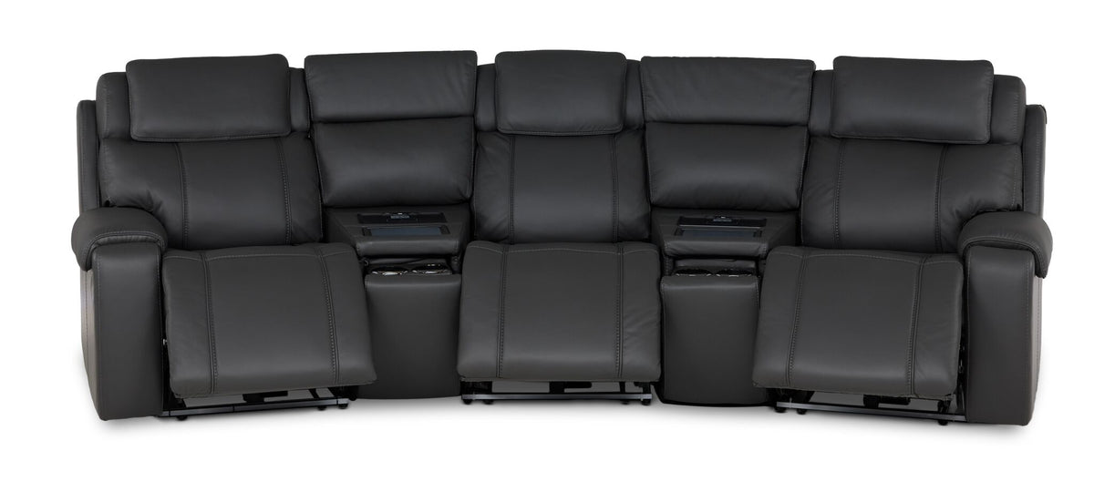 Velocity dark grey home theatre seating front view with three extended footrests and two integrated wedge consoles