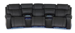 Velocity dark grey home theatre seating front view with footrests extended, illuminated consoles and base lighting