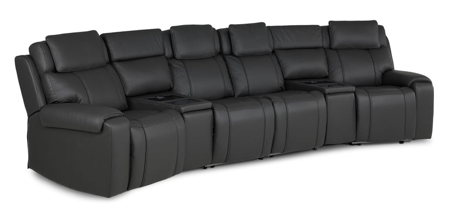 Velocity 6-Piece Leather Power Reclining Home Theatre Seating - Dark Grey with four seats and two wedge consoles