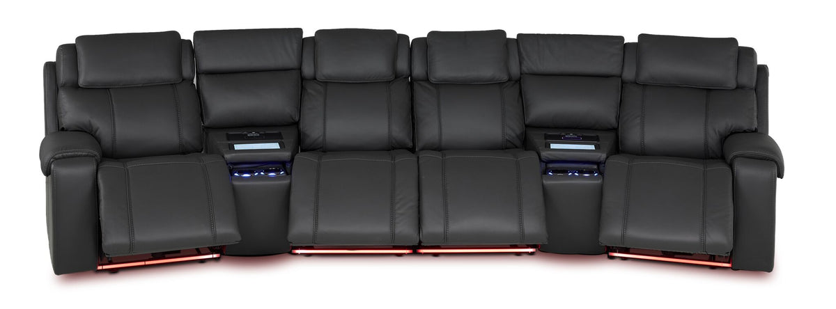 Velocity dark grey home theatre seating front view with extended footrests, illuminated consoles and base lighting