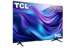 TCL 75" M8L Mini-LED Smart TV angled front view with colourful abstract graphics and two black feet