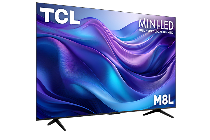 TCL 85" M8L Mini-LED Smart TV angled front view with colourful abstract graphics and two black feet