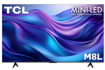 TCL 75-inch M8L Series 4K UHD HDR Mini-LED Smart TV with Google TV shown from the front with colourful abstract graphics on screen