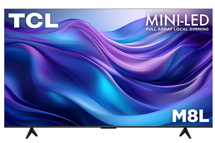 TCL 85-inch M8L Series 4K UHD HDR Mini-LED Smart TV with Google TV shown from the front with colourful abstract graphics on screen