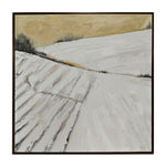 The Great Indoors Contemporary Abstract Landscape with textured white slopes, dark trees and gold sky in a brown frame