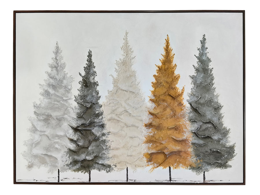 The Great Indoors Contemporary Landscape with five textured evergreen trees in white, grey and gold tones in a dark brown frame