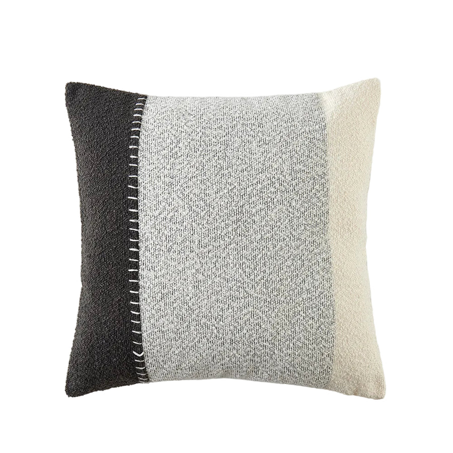 The Great Indoors 18 x 18" Striped Cushion with textured charcoal grey, light grey and ivory colour-blocked panels