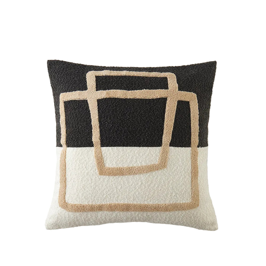 The Great Indoors 18 x 18" Geometric Cushion with charcoal and cream textured panels and tan outlined geometric design