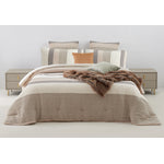 The Great Indoors 5-Piece King Comforter Set in cream, beige and grey stripes styled on a bed with coordinating pillows