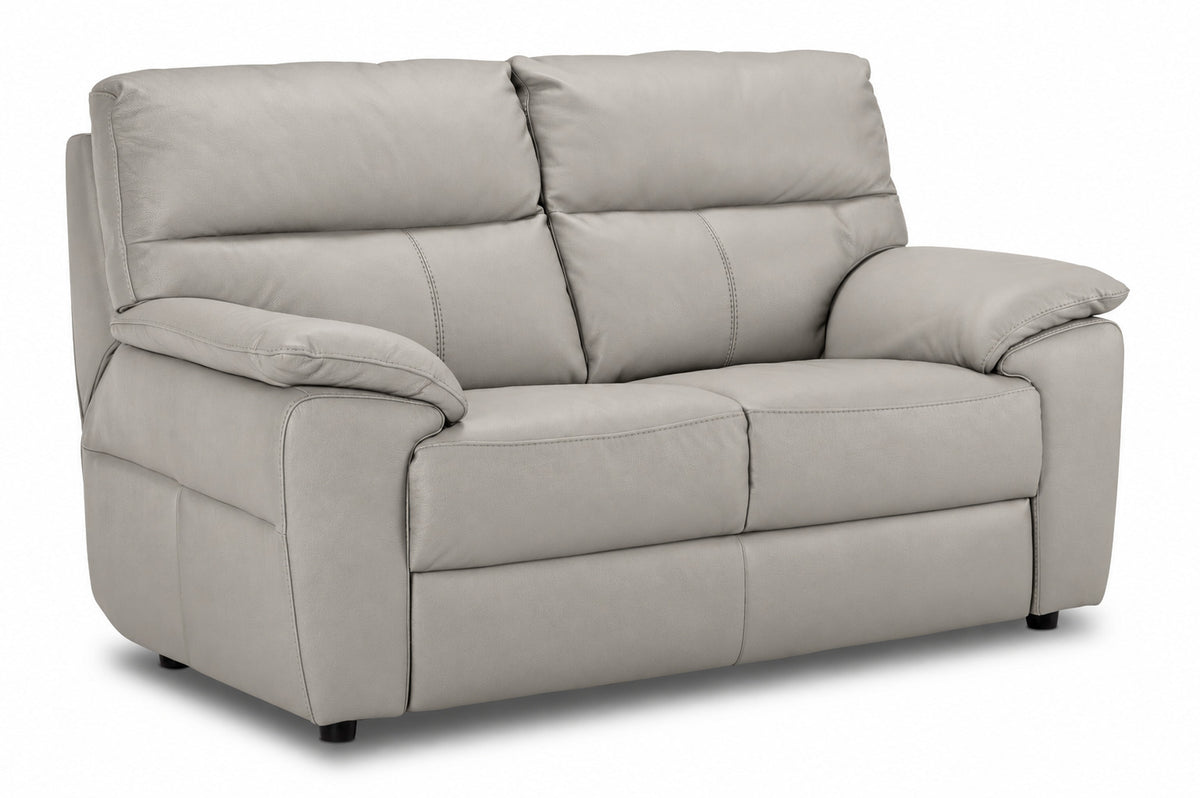 Matching two-seat grey leather loveseat with stitched backs and cushioned arms