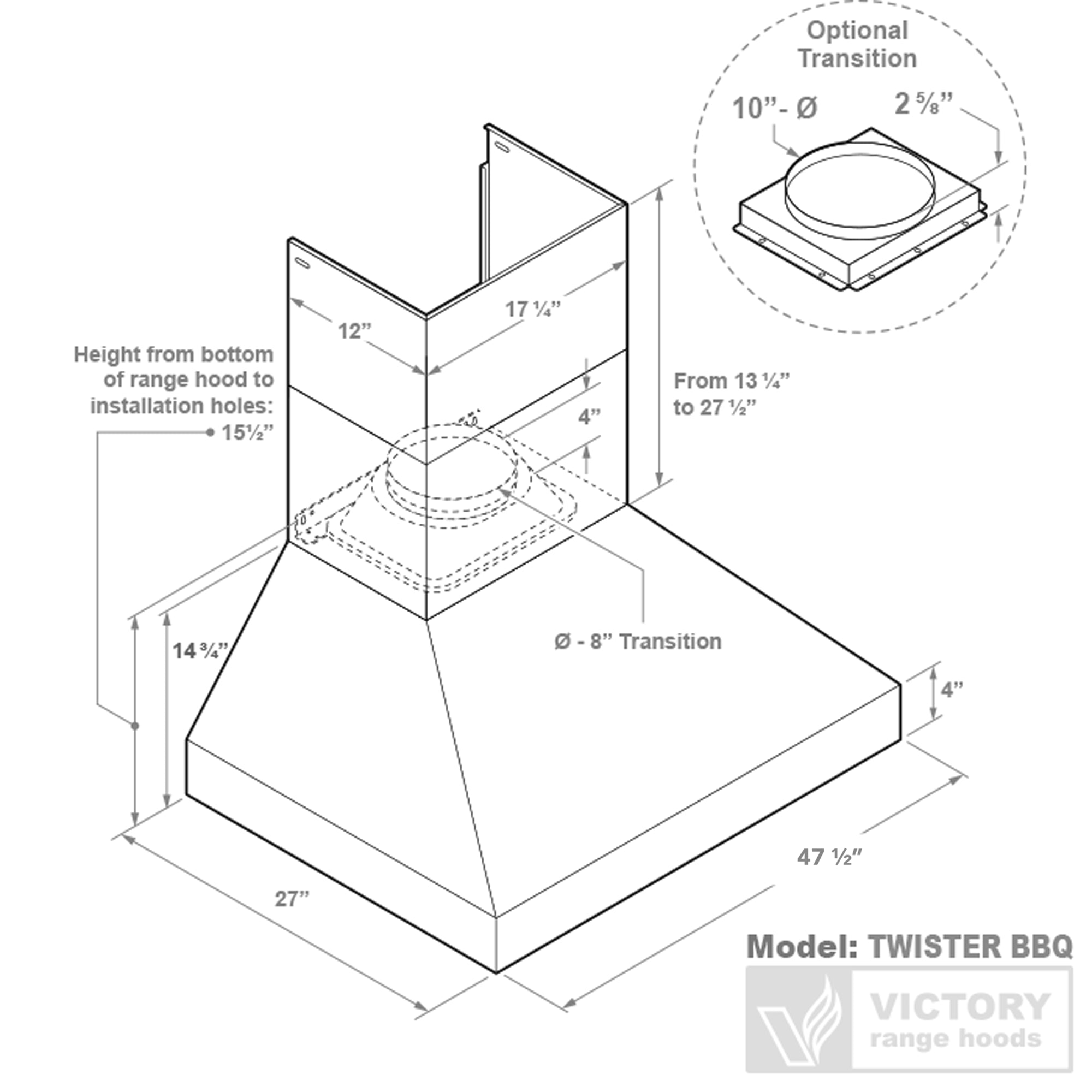 VICTORY Stainless Steel 48-Inch 1200 CFM Wall Mount Range Hood for Outdoor BBQ - Twister-BBQ-48
