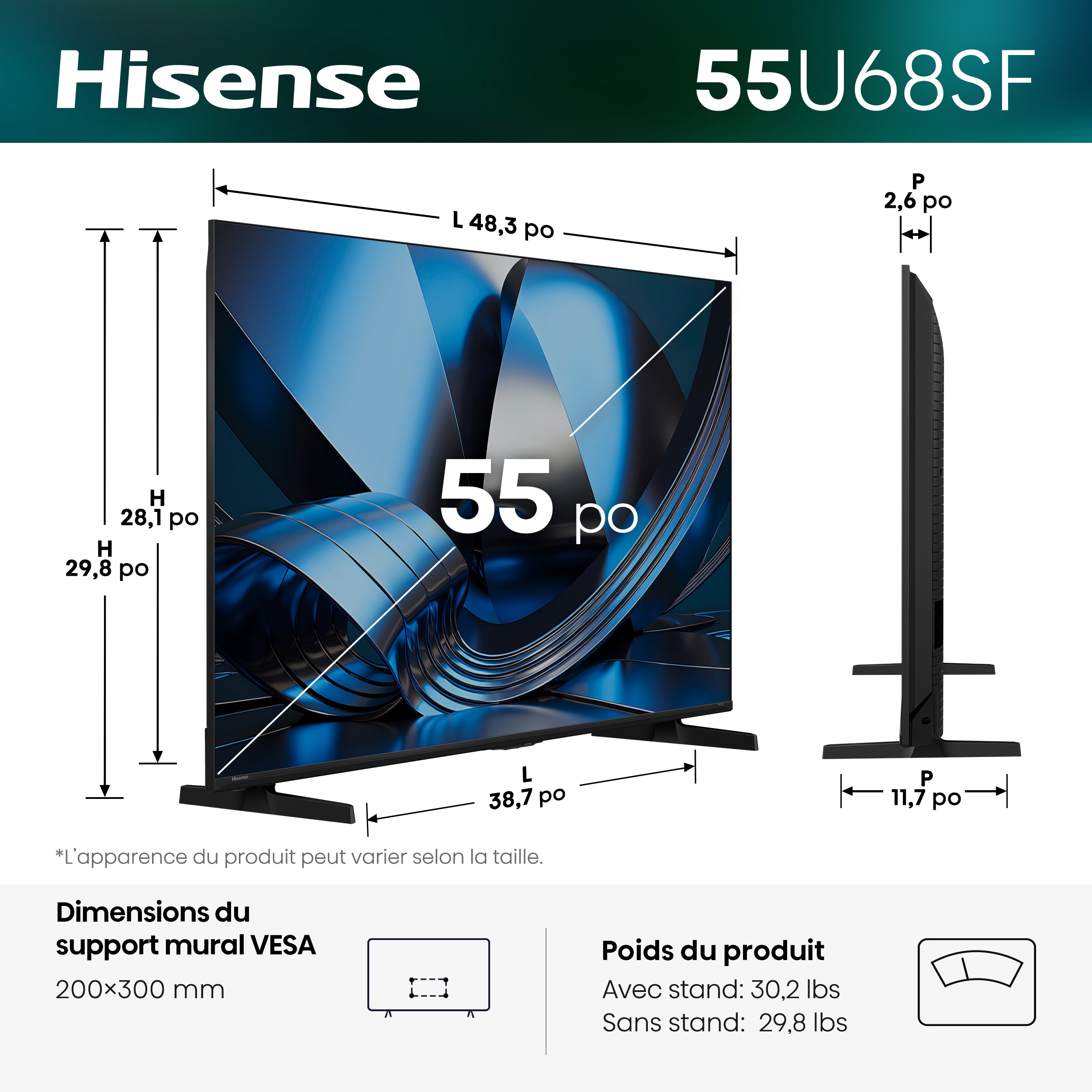Hisense Téléviseur intelligent 55 po QLED MiniDEL FireTV 144Hz IA 4K – 55U68SF--