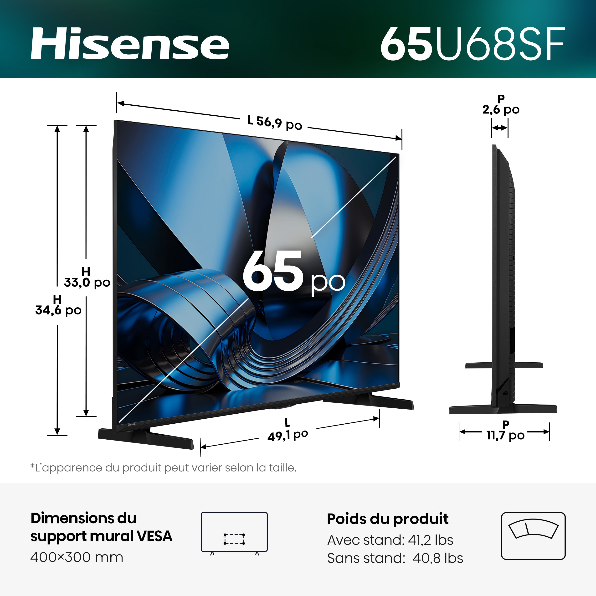 Hisense Téléviseur intelligent 65 po QLED MiniDEL FireTV 144Hz IA 4K – 65U68SF--