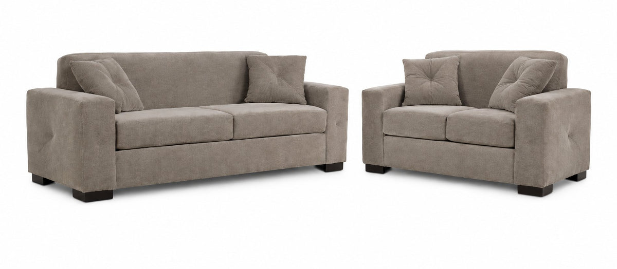 Valetta Sofa and Loveseat Set - Wheat with wide track arms, dark block feet and matching accent pillows